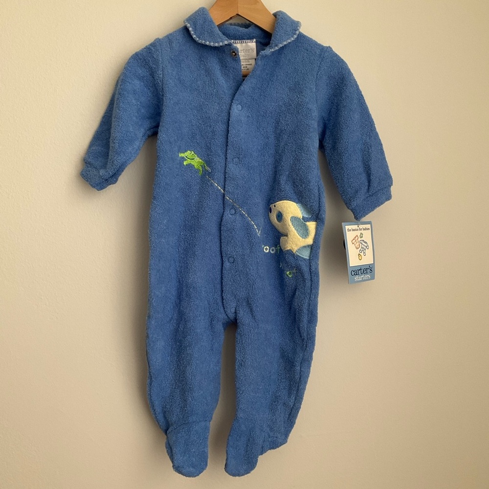 Carter's NWT Blue Terry Footed One-Piece with Frog Embroidery and Dog applique - Picture 3 of 7
